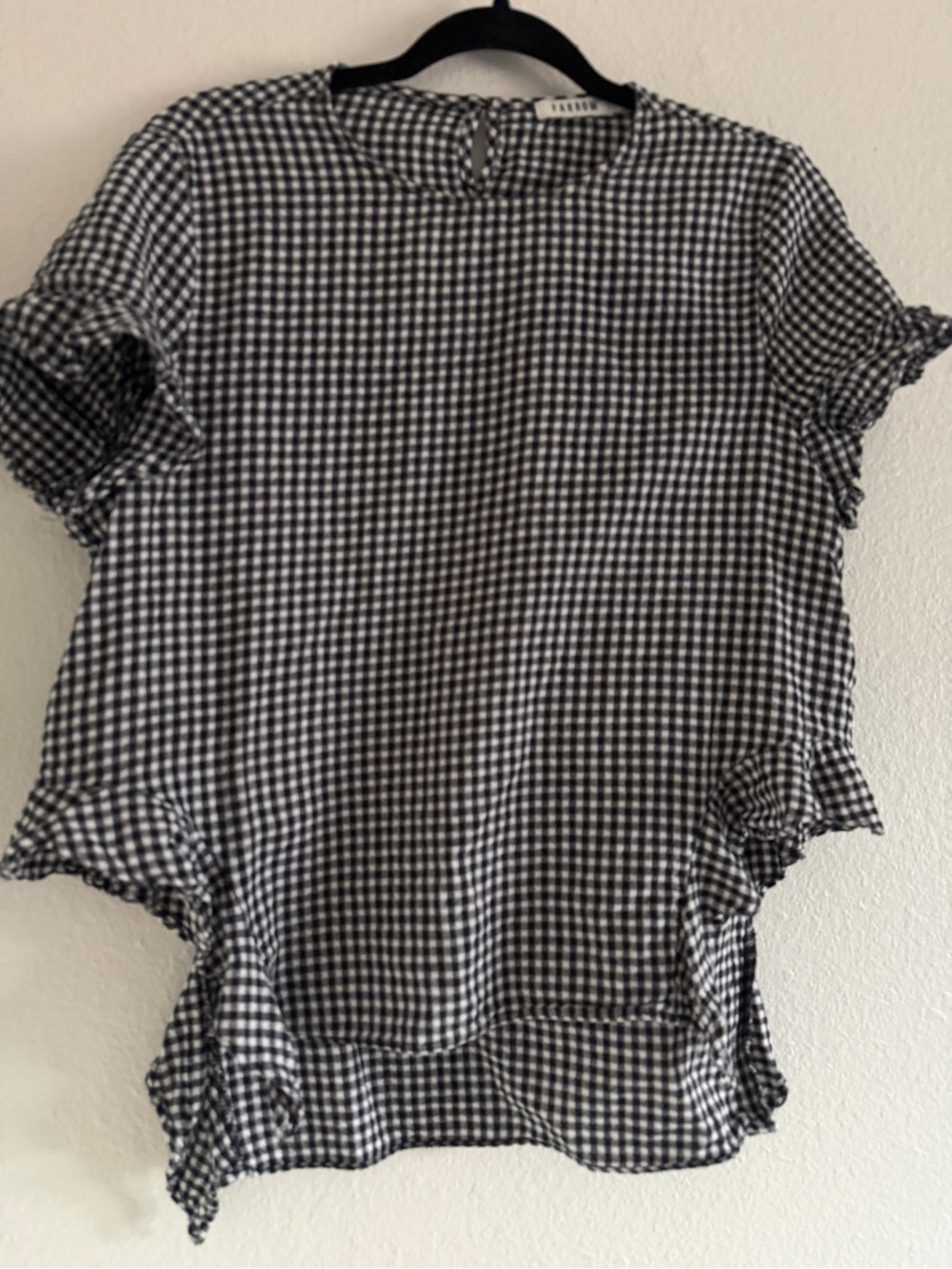 Farrow Women's Black White Gingham Plaid Ruffle Trim Short Sleeve Blouse